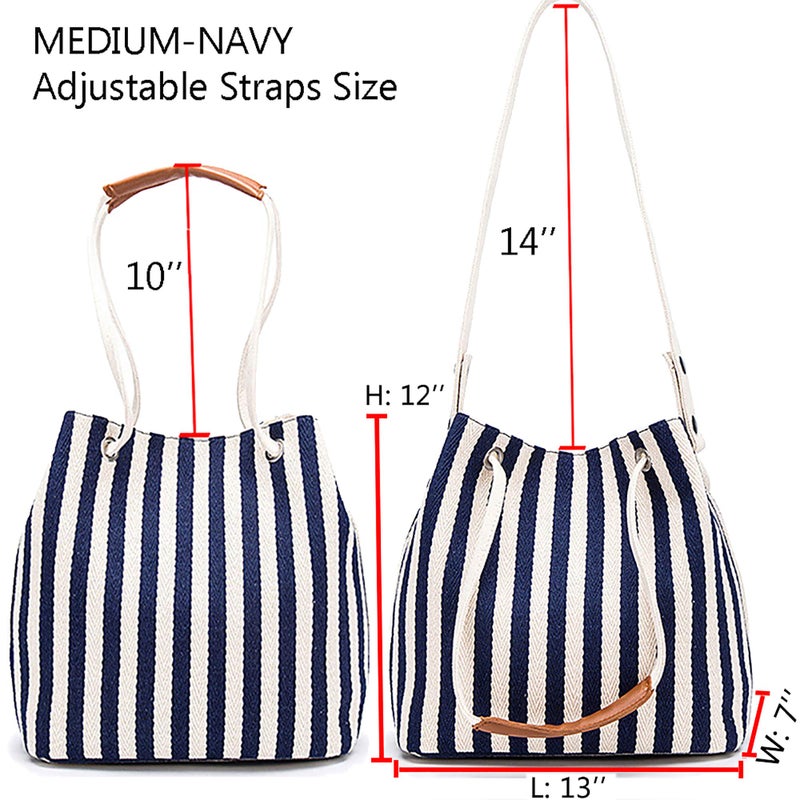 Bydenwely Women's Tote Bag Medium Canvas Shoulder Bag Daily Working Handbag with Concise Striped Pattern (Navy) - Image 3